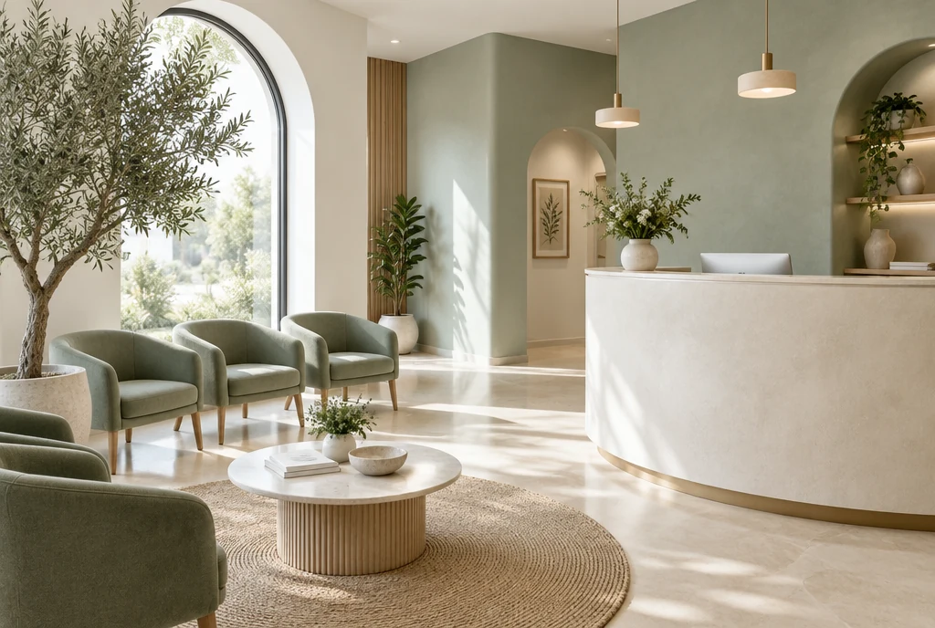 Serene dental reception with a curved desk and green lounge chairs